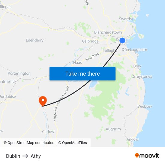 Dublin to Athy map