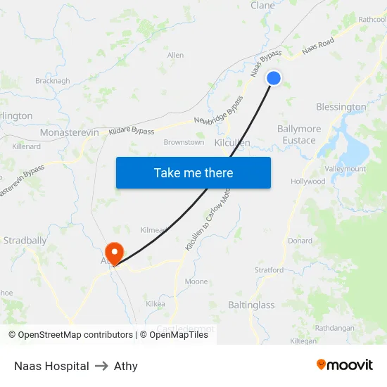 Naas Hospital to Athy map