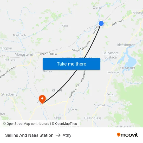 Sallins And Naas Station to Athy map