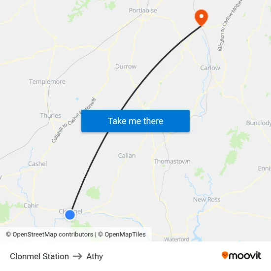 Clonmel Station to Athy map
