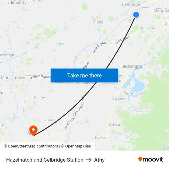 Hazelhatch and Celbridge Station to Athy map