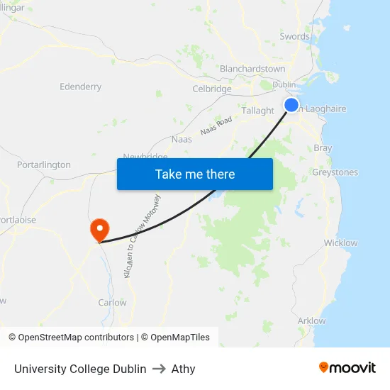 University College Dublin to Athy map