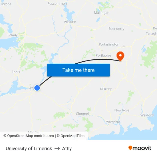 University of Limerick to Athy map