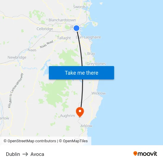 Dublin to Avoca map