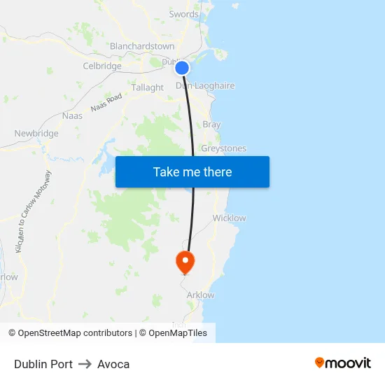 Dublin Port to Avoca map