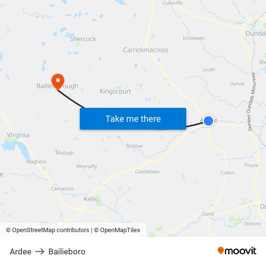 Ardee to Bailieboro map
