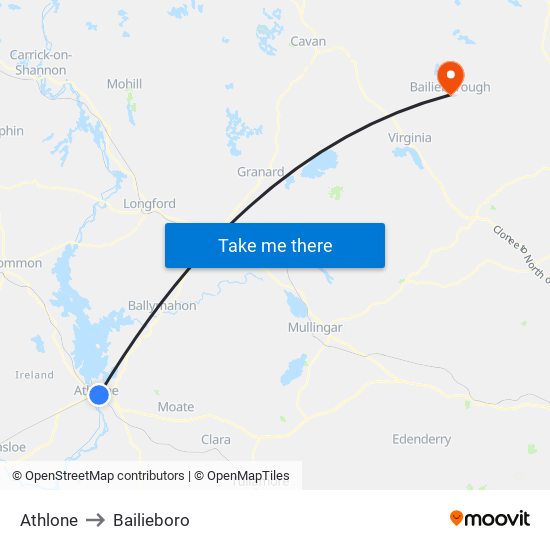 Athlone to Bailieboro map