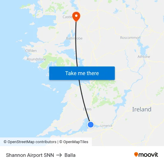Shannon Airport SNN to Balla map