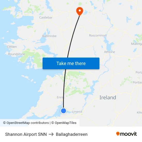 Shannon Airport SNN to Ballaghaderreen map