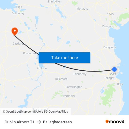 Dublin Airport T1 to Ballaghaderreen map