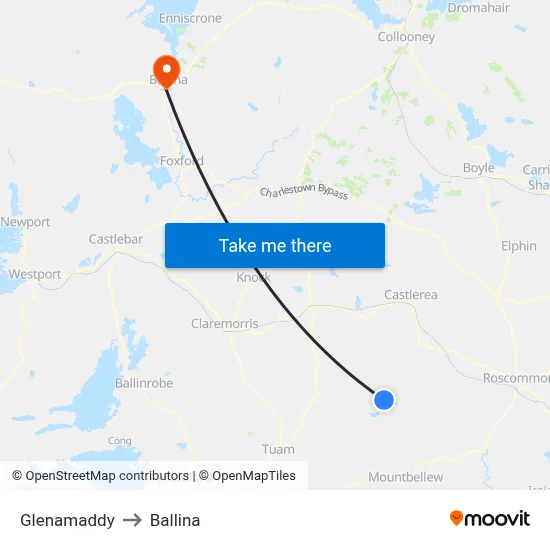 Glenamaddy to Ballina map
