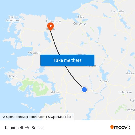 Kilconnell to Ballina map