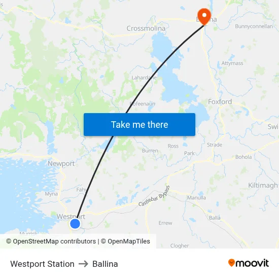 Westport Station to Ballina map