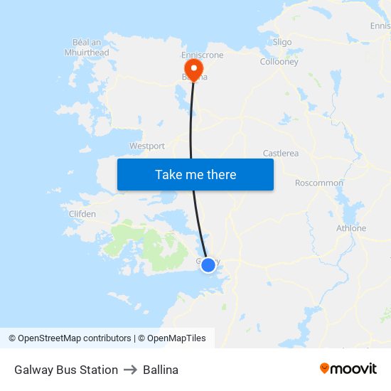 Galway Bus Station to Ballina map