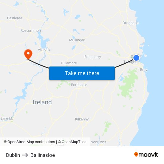 Dublin to Ballinasloe map