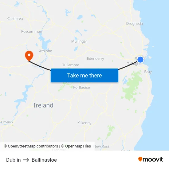 Dublin to Ballinasloe map