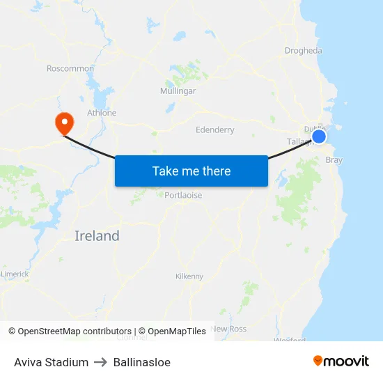 Aviva Stadium to Ballinasloe map