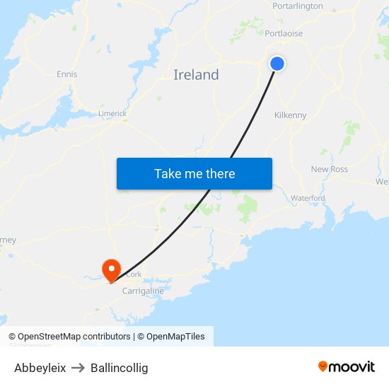 Abbeyleix to Ballincollig map