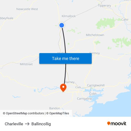Charleville to Ballincollig map
