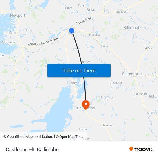 Castlebar to Ballinrobe map