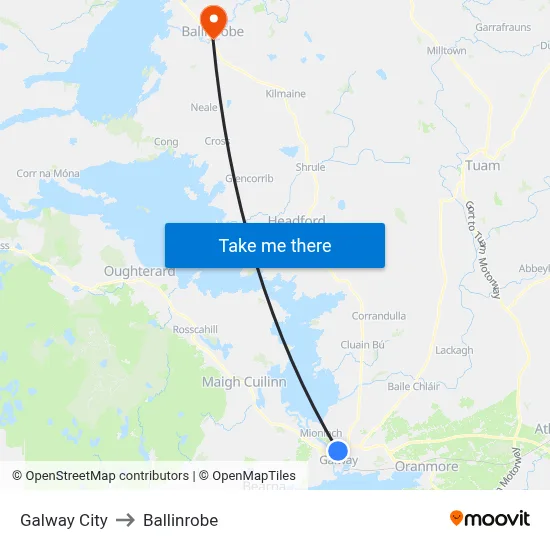 Galway City to Ballinrobe map