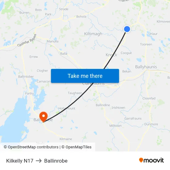 Kilkelly N17 to Ballinrobe map