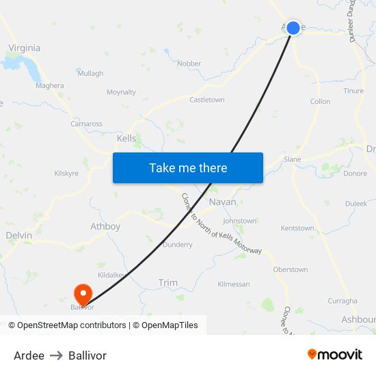 Ardee to Ballivor map