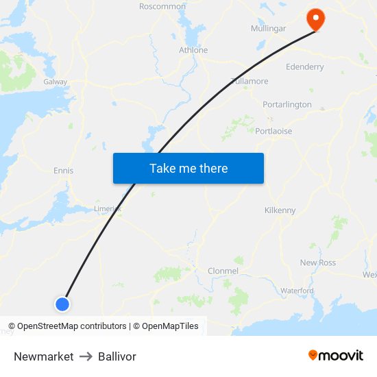 Newmarket to Ballivor map