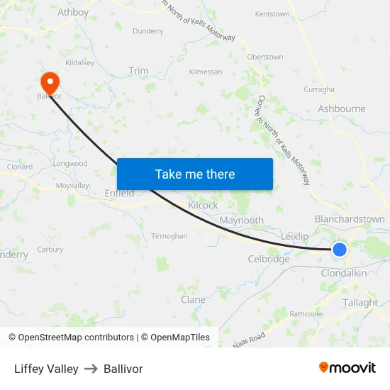 Liffey Valley to Ballivor map
