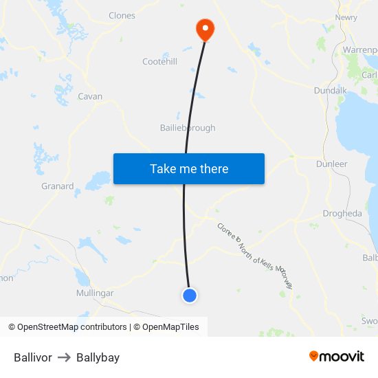Ballivor to Ballybay map