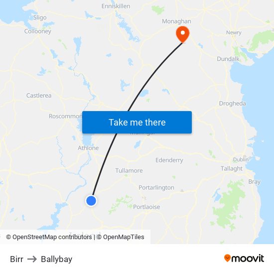 Birr to Ballybay map