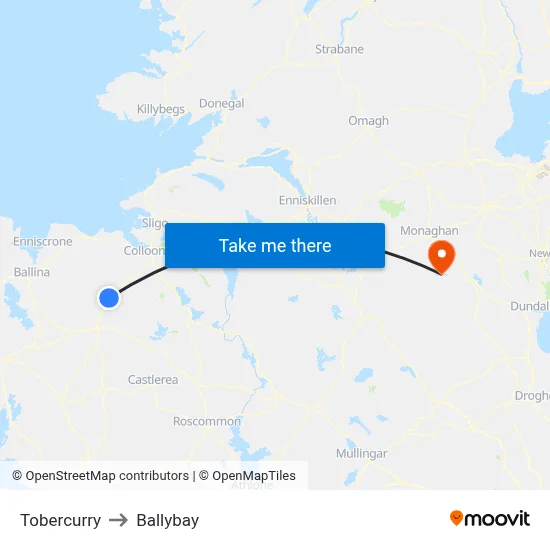 Tobercurry to Ballybay map