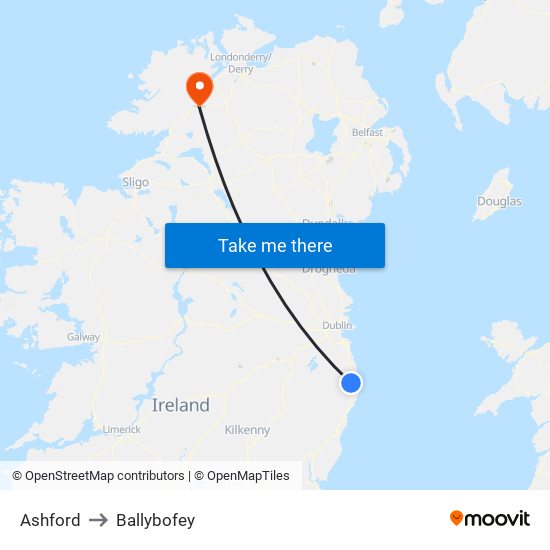Ashford to Ballybofey map