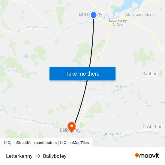 Letterkenny to Ballybofey map