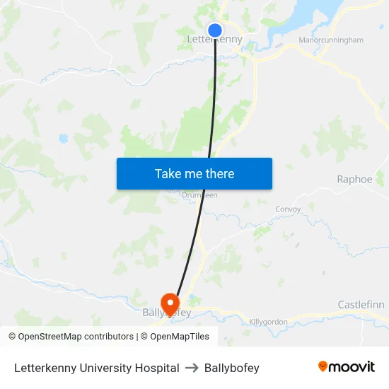 Letterkenny University Hospital to Ballybofey map