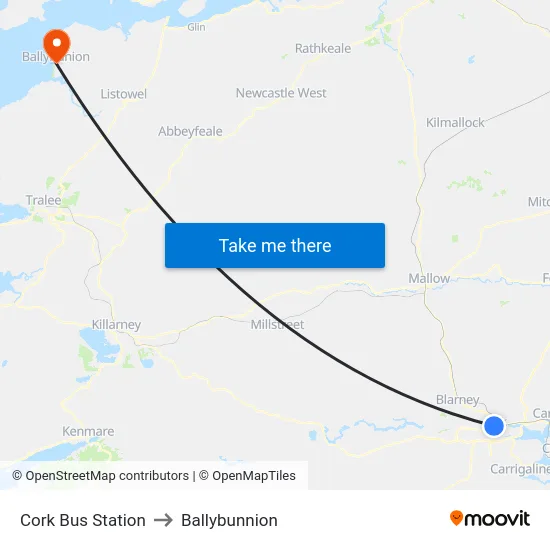 Cork Bus Station to Ballybunnion map