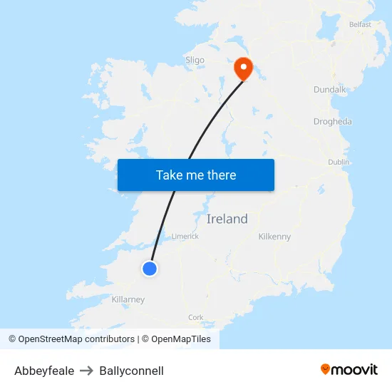 Abbeyfeale to Ballyconnell map