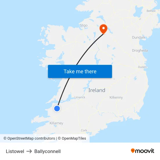 Listowel to Ballyconnell map
