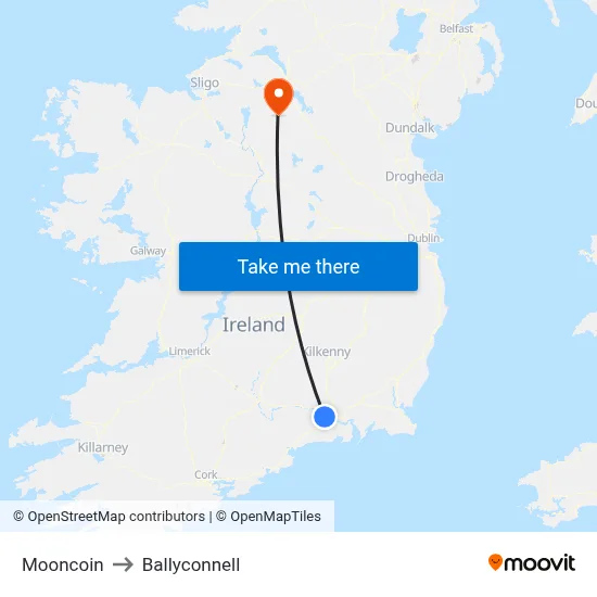 Mooncoin to Ballyconnell map