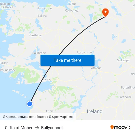 Cliffs of Moher to Ballyconnell map