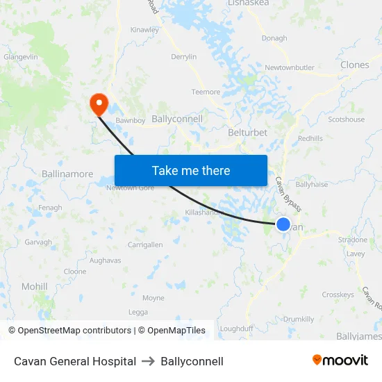 Cavan General Hospital to Ballyconnell map
