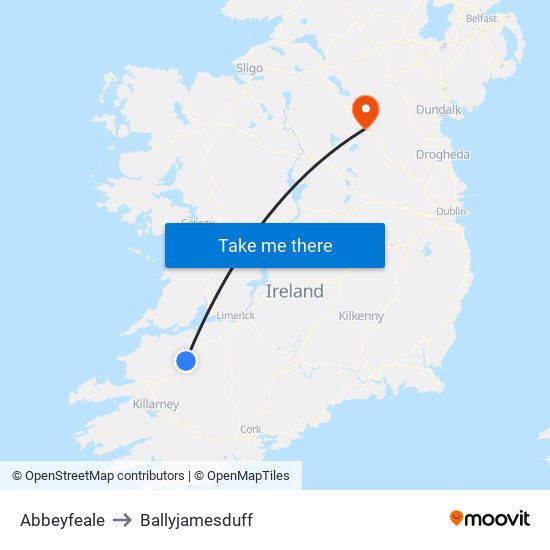 Abbeyfeale to Ballyjamesduff map