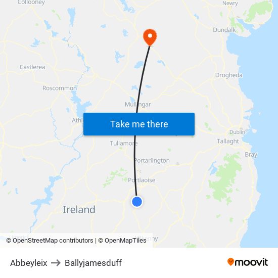 Abbeyleix to Ballyjamesduff map