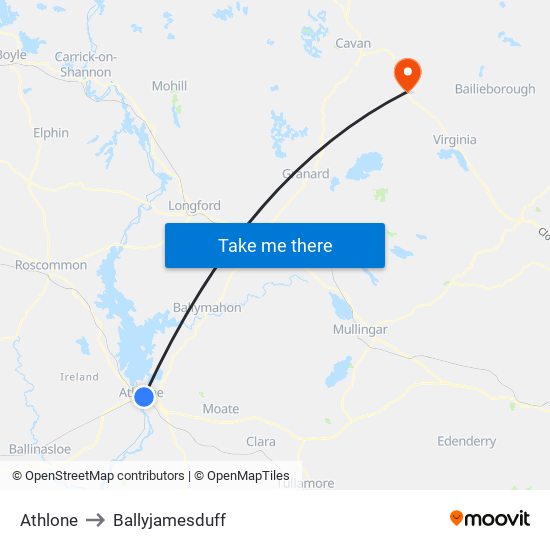 Athlone to Ballyjamesduff map