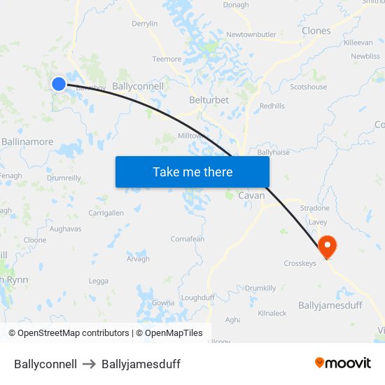 Ballyconnell to Ballyjamesduff map