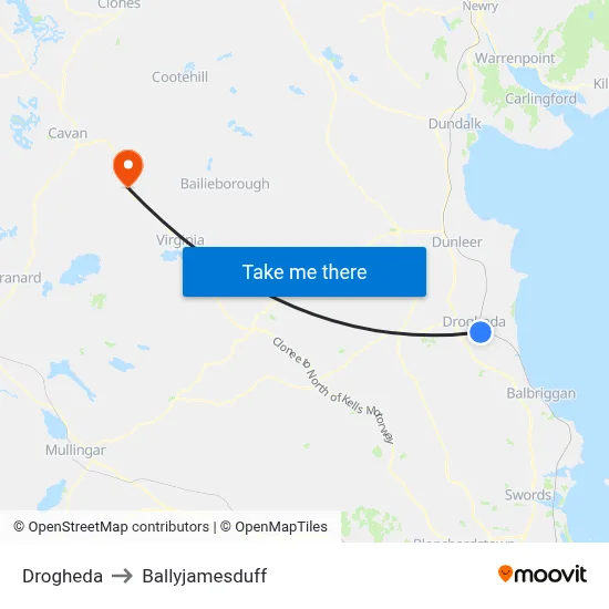 Drogheda to Ballyjamesduff map