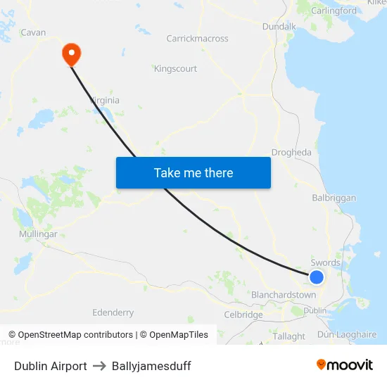 Dublin Airport to Ballyjamesduff map