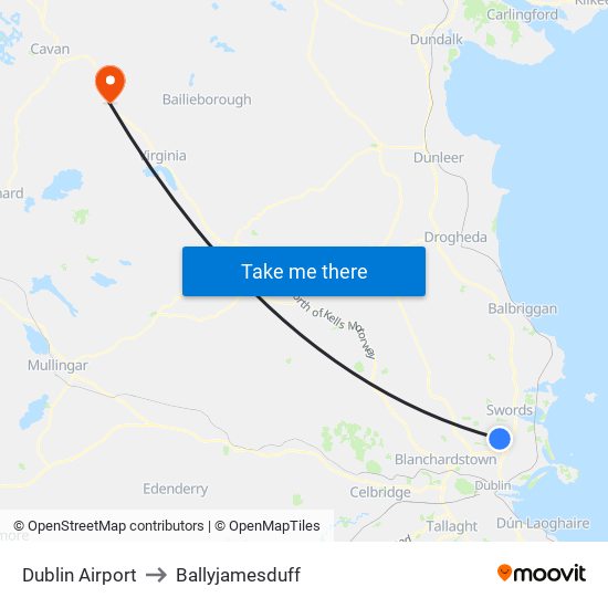 Dublin Airport to Ballyjamesduff map