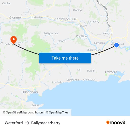 Waterford to Ballymacarberry map