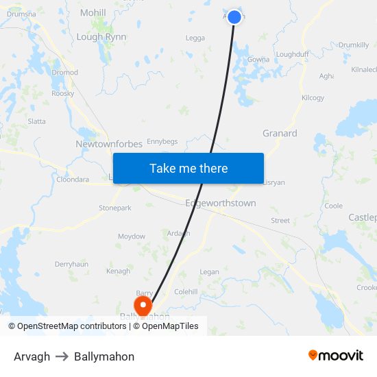 Arvagh to Ballymahon map